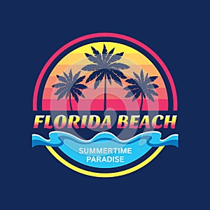 Florida beach - vector illustration concept in retro vintage graphic style for t-shirt and other print production. Palms, sun