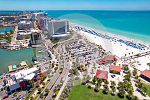 Florida Beaches. Panorama of Clearwater Beach FL. Summer vacations. Beautiful View on Hotels and Resorts on Island.