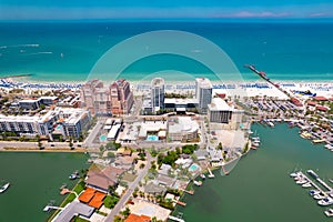 Florida Beaches. Panorama of Clearwater Beach FL. Summer vacations. Beautiful View on Hotels and Resorts on Island.