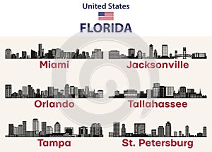 Florida cities skylines silhouettes vector set