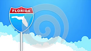 Florida map on road sign. Welcome to State of Louisiana. Motion graphics.