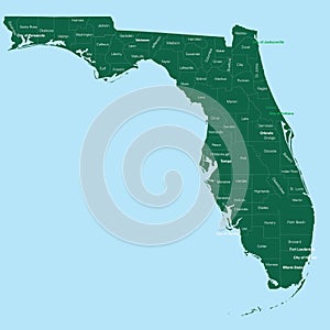 Florida map vector outline in green and blue background with names of location. Florida state of USA map with counties names label