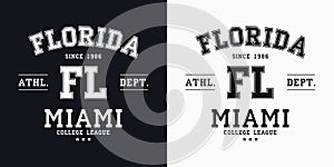 Florida, Miami design for t-shirt. College tee shirt print. Typography graphics for sportswear and apparel. Vector