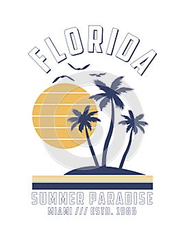 Florida, Miami t-shirt design with palm trees, sun and gull birds. Typography graphics for tee shirt with tropical palms. Vector