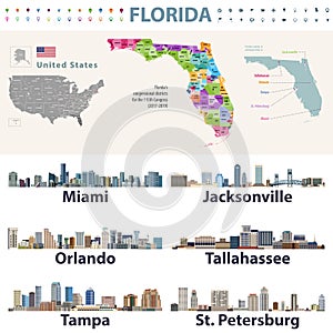 Florida`s congressional disctricts vector map with cityscapes of capital and major cities of Florida