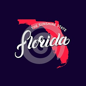 Florida state hand written lettering word and map for tee print, card and poster.