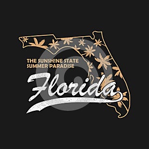 Florida state typography graphics for t-shirt, clothes. Grunge print for apparel with palm trees and map. Vector.