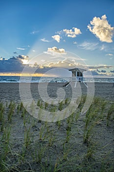 Florida Sunrise with Lifeguard Stand and Dunes