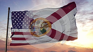 Florida and USA flag on flagpole. USA and Florida Mixed Flag waving in wind. 3d rendering
