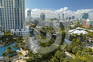 Florida vacation destination. South Beach architecture. Miami Beach city with high luxury hotels and condos. Tourist