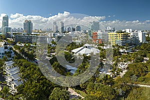 Florida vacation destination. South Beach architecture. Miami Beach city with high luxury hotels and condos. Tourist
