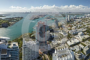 Florida vacation destination. South Beach architecture. Miami Beach city with high luxury hotels and condos. Tourist