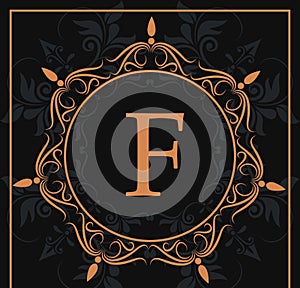 Florishes gold letter F calligraphic heraldic dark background