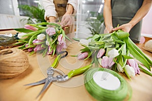 Florist Arranging Tulips in Flower Shop