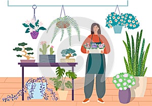 Florist caring for indoor plants. Flower shop or houseplant store vector illustration. Young woman in a flower center is
