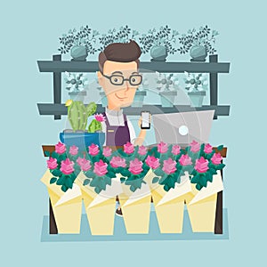 Florist at flower shop vector illustration.