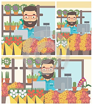 Florist at flower shop vector illustration.