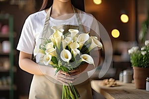 A florist girl in an apron with a bouquet of white calla lilies