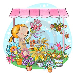 Florist girl selling bouquets at the flower stand or shop