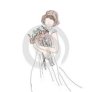 Florist girl- Silhouette girl holding bouquet isolated or white background.