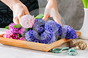 Florist girl tieing bouquet of hyacinth flowers. Flower s