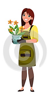 Florist holding flower in pot isolated on white