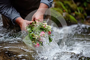 florist rinsing flowers in the flow of a spring stream