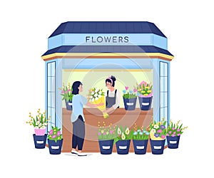 Florist selling flowers to customer flat color vector detailed character