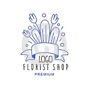 Florist shop logo premium, design hand drawn vector Illustration in blue color on a white background