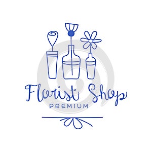 Florist shop premium logo, badge for floral boutique hand drawn vector Illustration in blue color on a white background