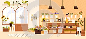 Florist shop, woman seller or owner of small flowershop business selling natural flowers