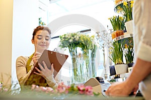 Florist woman and man making order at flower shop