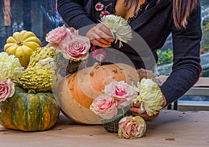 Flower Arranging with roses, pumpkins and gourds