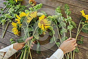 Florist at work. Woman making beautiful bouquet of different flowers. Workplace. Top view