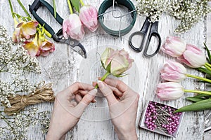 Florist workplace: flowers and accessories photo