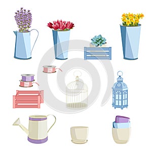 Florist workplace: flowers and accessories. Vector illustration