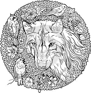 Floristic coloring page. wolf and birds photo