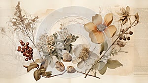 A floristic composition of dried flowers for hand made and scrapbooking. Romantic floral design of postcard paper