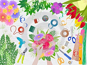 Floristics vector florists hands making beautiful floral bouquet and arranging flowers in flowershop illustration of photo