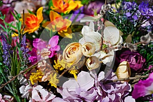 Floristry. Compositions of artificial flowers in a gardening store