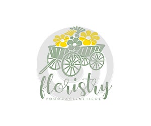 Floristry flowers old wooden cart and dray with wheels logo design. Plant floral garden floriculture and flower beds vector