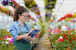 Florists woman working with flowers in a greenhouse photo