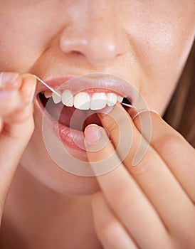 Floss, dental and closeup of woman teeth with health, wellness and clean routine for hygiene. Oral care, grooming and