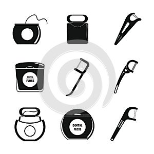 Floss dental teeth icons set, simple style