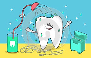 Flossing, rinsing, cleaning teeth. Cartoon tooth is taking a shower