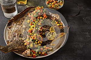 flounder baked with vegetables on a black background