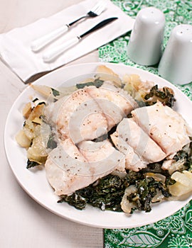 Flounder fillet on bok choy cabbage