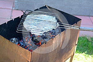 Flounder in foil being grilled