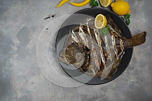 flounder Fried fish seafood snack trend meal pescetarian diet vegetarian food copy space food background rustic. top