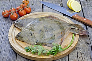 Flounder raw fish on cutting board